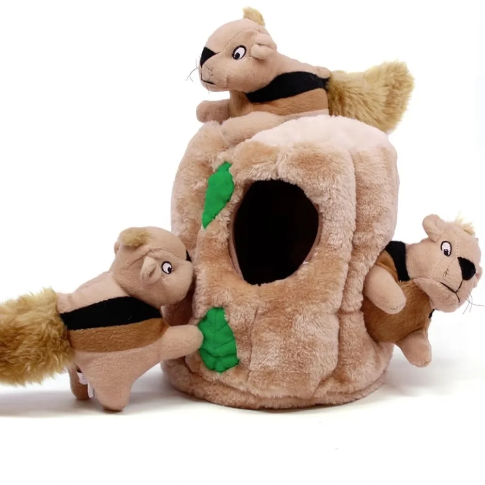 Interactive Squirrel Hideaway Plush Toy for Small Pets